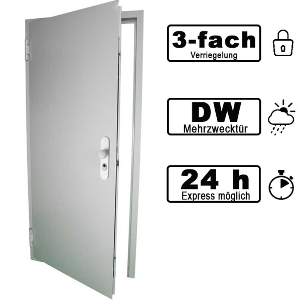Sicherheitstür DW62 1125 x 2125 mm DIN links – 62 mm Stahl-Mehrzwecktür mit 3-fach Verriegelung