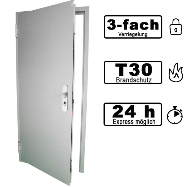 Sicherheits Brandschutztür FSA62 (T30) 875x2125 mm links mit 3-fach Verriegelung