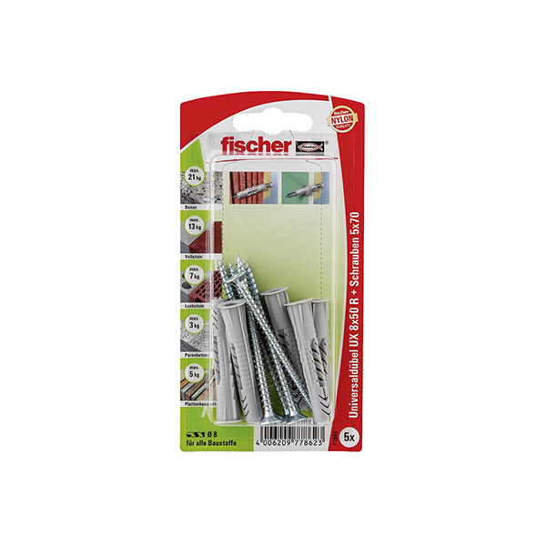 fischer Universaldübel UX 8 x 50 R S mit Rand und Schraube (5 St.)