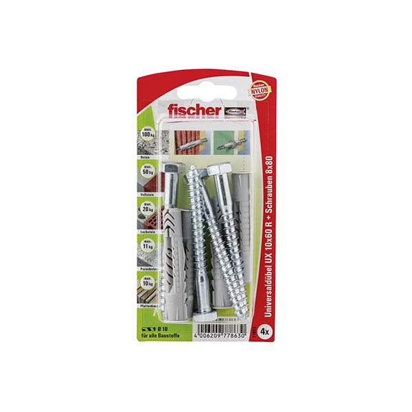 fischer Universaldübel UX 10 x 60 R S mit Rand und Schraube (4x)