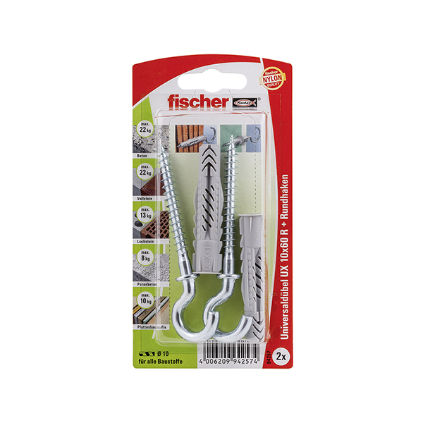 fischer Universaldübel UX 10 x 60 RH mit Rundhaken (2 St.)